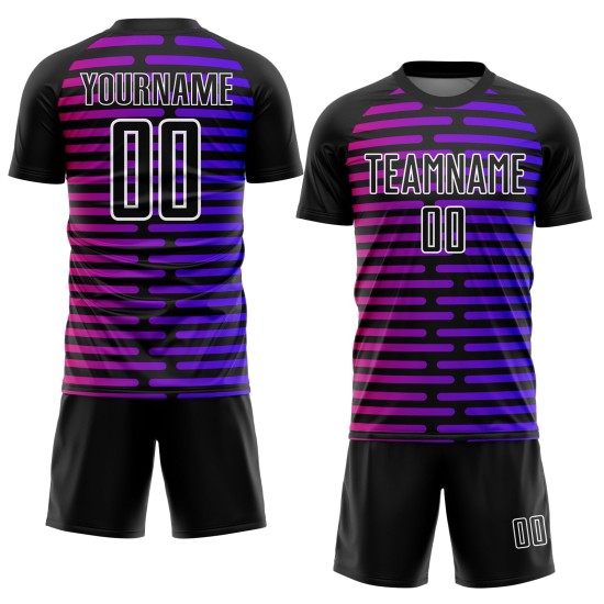 Custom Black Purple-Pink Lines Sublimation Soccer Uniform Jersey