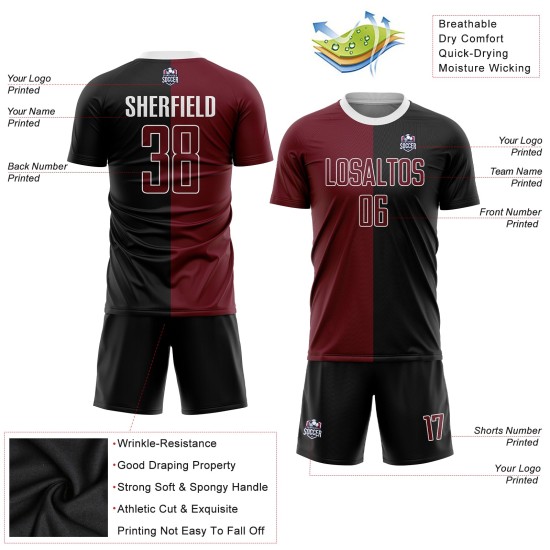 Custom Black Crimson-White Sublimation Split Fashion Soccer Uniform Jersey