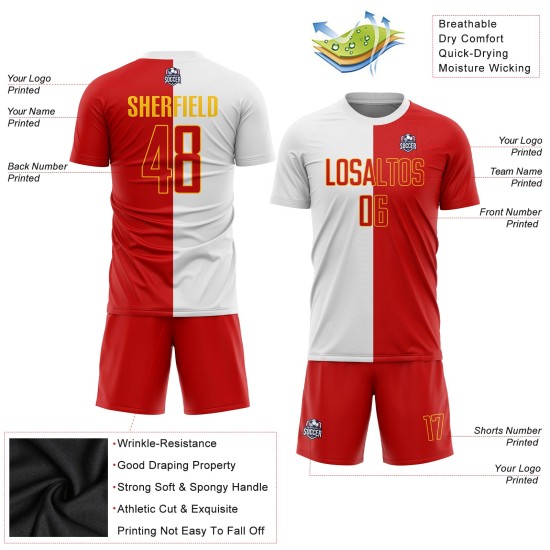 Custom White Red-Gold Sublimation Split Fashion Soccer Uniform Jersey