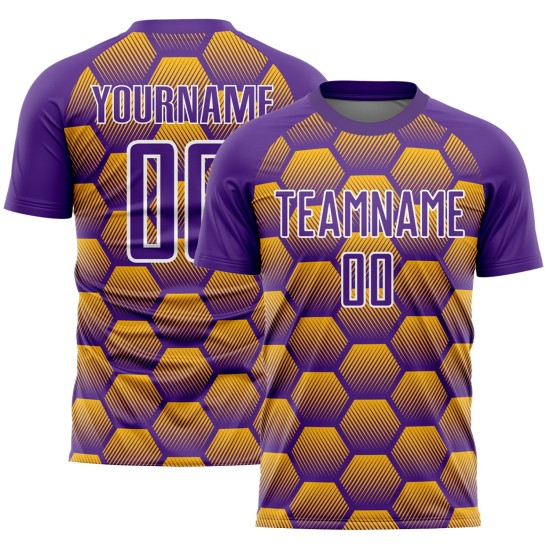 Custom Purple Gold-White Hexagons Pattern Sublimation Soccer Uniform Jersey